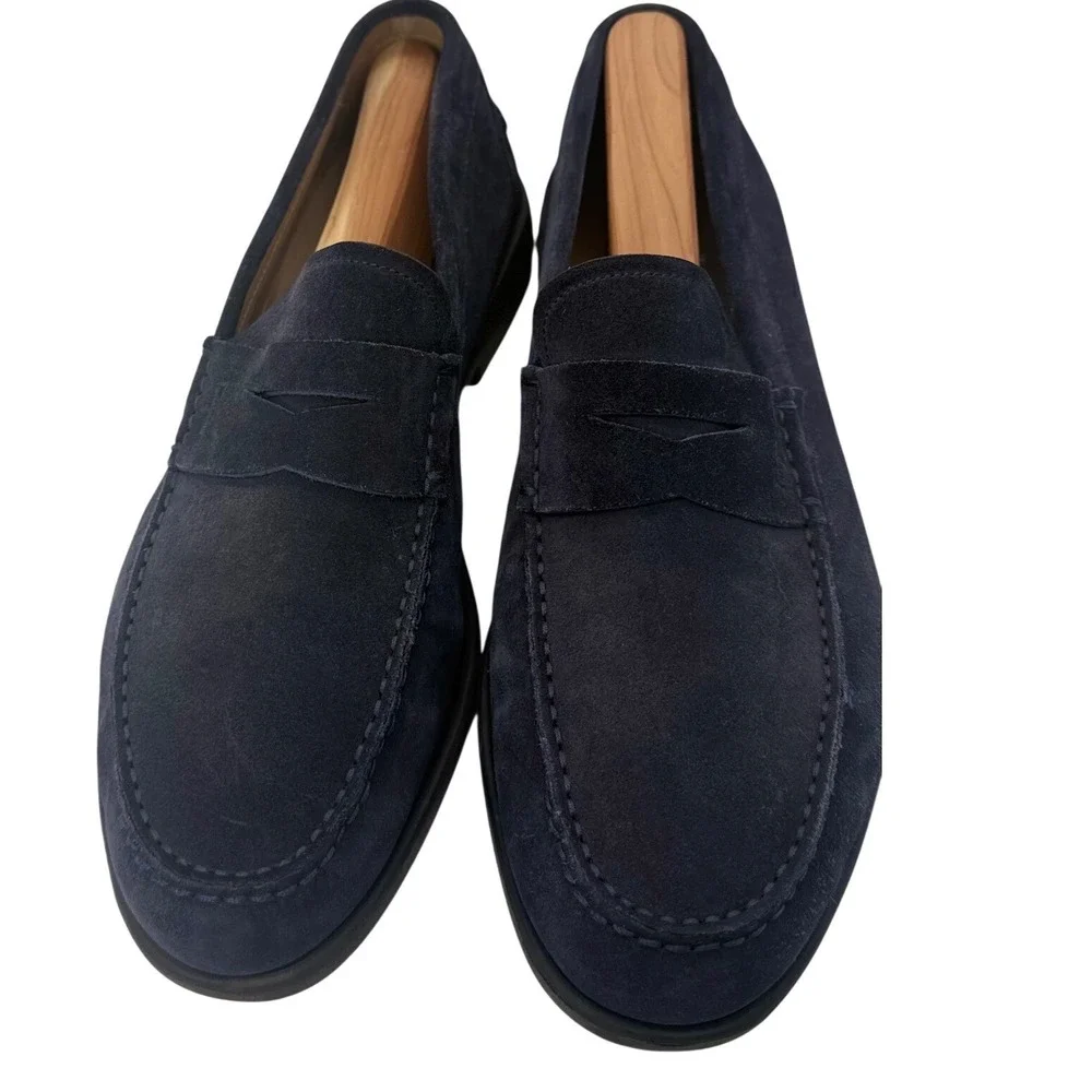 Salvatore Ferragamo Mens Navy Blue Suede Penny Loafers Moc Made in Italy 8 EE - Picture 2 of 10
